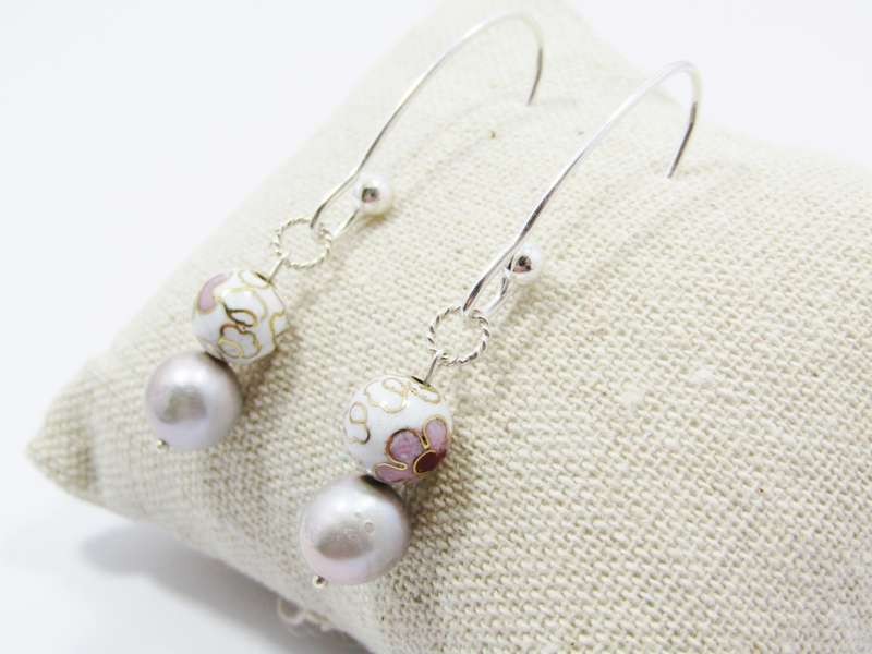 A Beautiful Pair of Dove Grey Fresh Water Pearls and Cloisonné Beads Dangling Earrings in Sterling