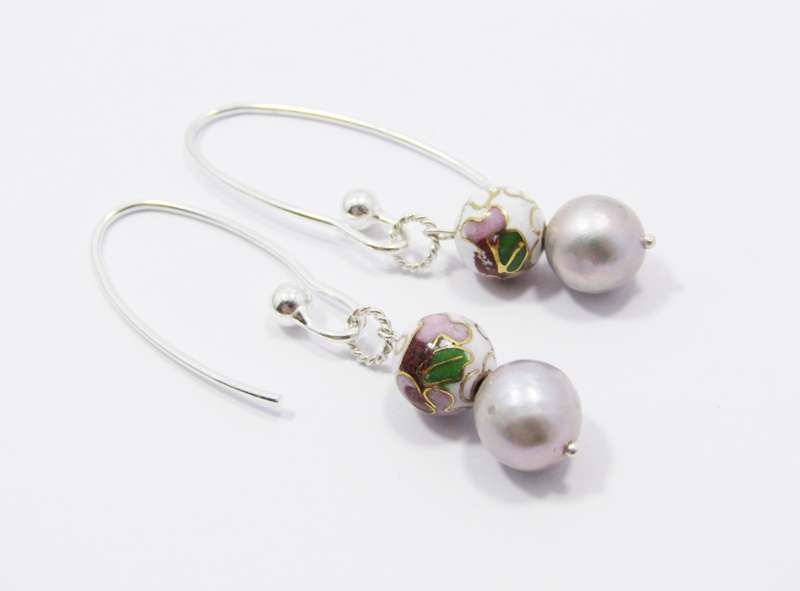 A Beautiful Pair of Dove Grey Fresh Water Pearls and Cloisonné Beads Dangling Earrings in Sterling