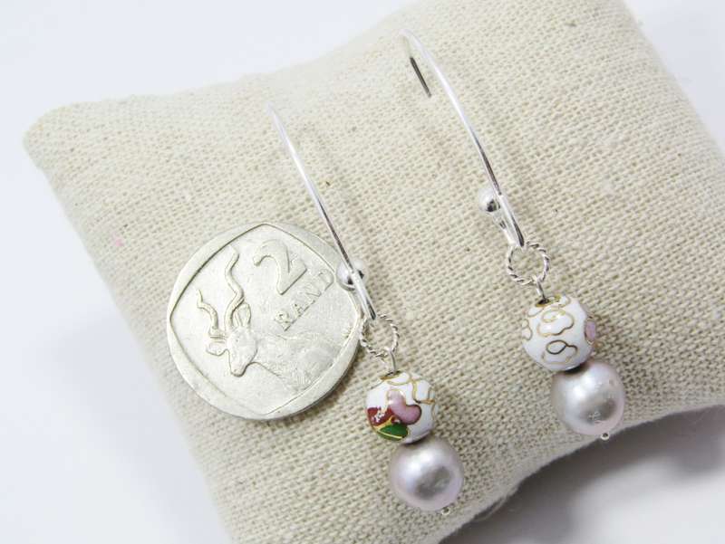 A Beautiful Pair of Dove Grey Fresh Water Pearls and Cloisonné Beads Dangling Earrings in Sterling