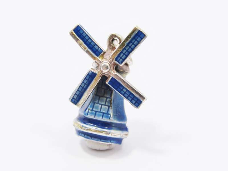 A Lovely Blue Enamel Dutch Windmill Pendant in Silver