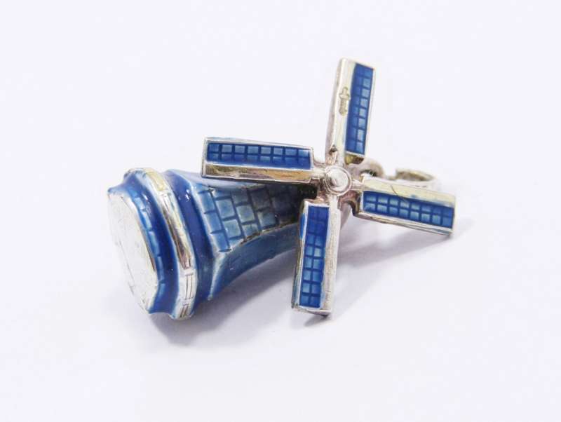 A Lovely Blue Enamel Dutch Windmill Pendant in Silver