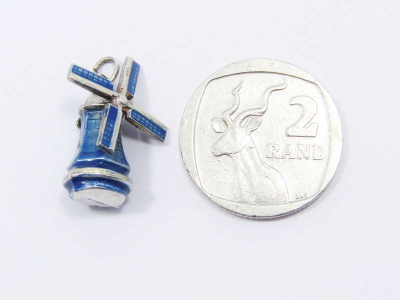 A Lovely Blue Enamel Dutch Windmill Pendant in Silver
