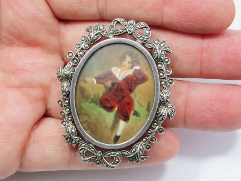 A Gorgeous Hand Painted Vintage Design Self Portrait Brooch In Silver