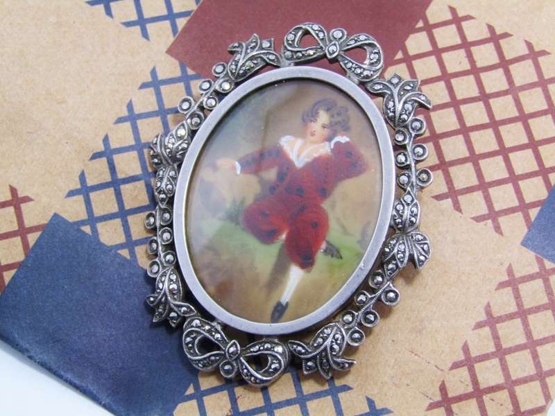 A Gorgeous Hand Painted Vintage Design Self Portrait Brooch In Silver