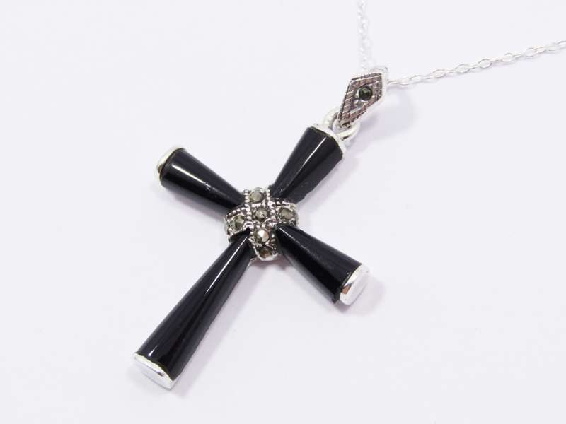 A Stunning Onyx Cross With Marcasite`s On Chain in Sterling Silver