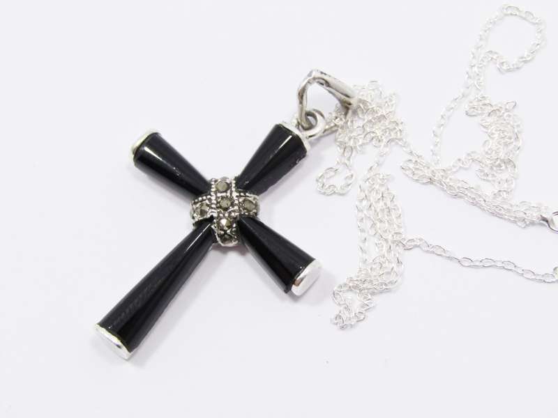 A Stunning Onyx Cross With Marcasite`s On Chain in Sterling Silver