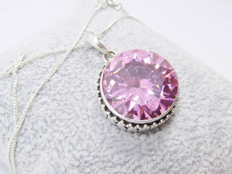A Lovely Large  Pink Zirconia Pendant on Chain in Sterling Silver
