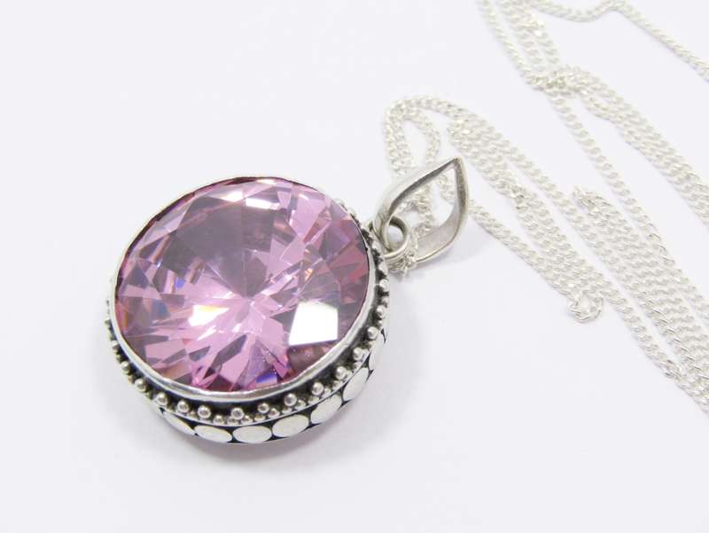 A Lovely Large  Pink Zirconia Pendant on Chain in Sterling Silver