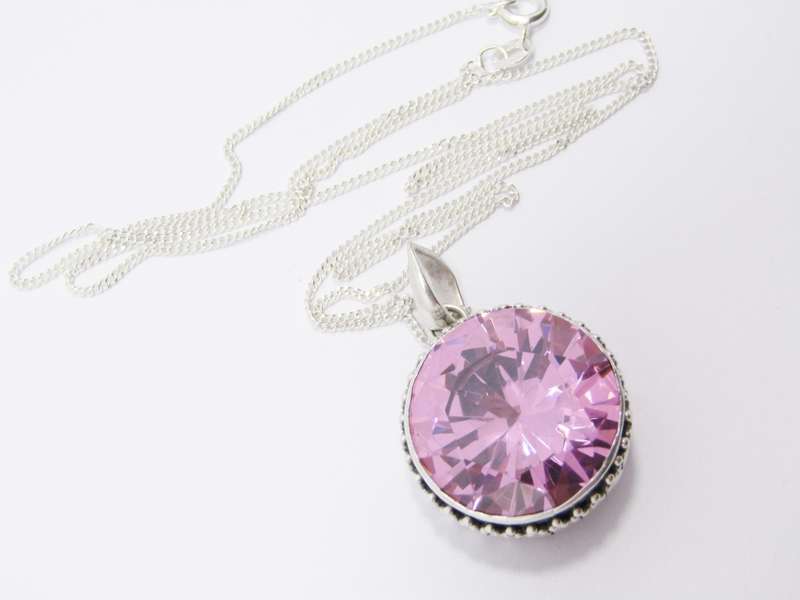A Lovely Large  Pink Zirconia Pendant on Chain in Sterling Silver