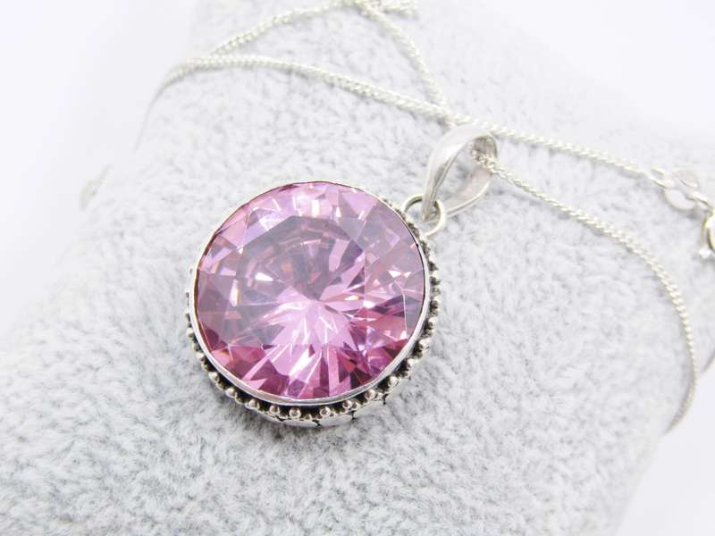 A Lovely Large  Pink Zirconia Pendant on Chain in Sterling Silver