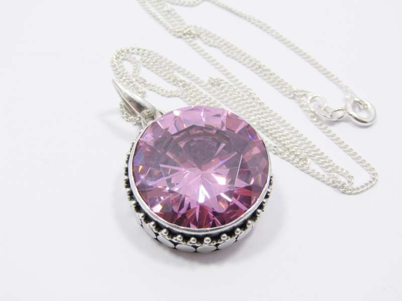 A Lovely Large  Pink Zirconia Pendant on Chain in Sterling Silver