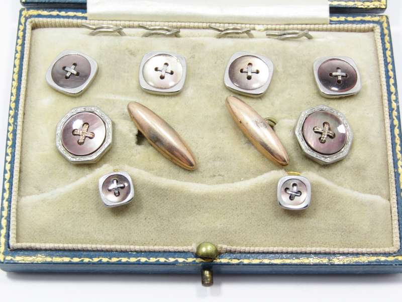 Set of Antique/Vintage Mother of Pearl Buttons, Cufflinks, Studs in Original Case