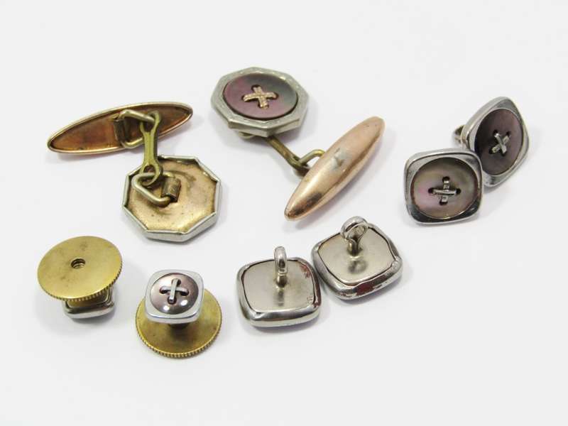 Set of Antique/Vintage Mother of Pearl Buttons, Cufflinks, Studs in Original Case