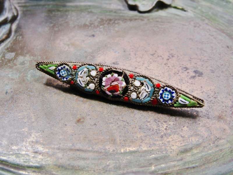 A Lovely Micro Mosaic Brooch in  Brass Tone