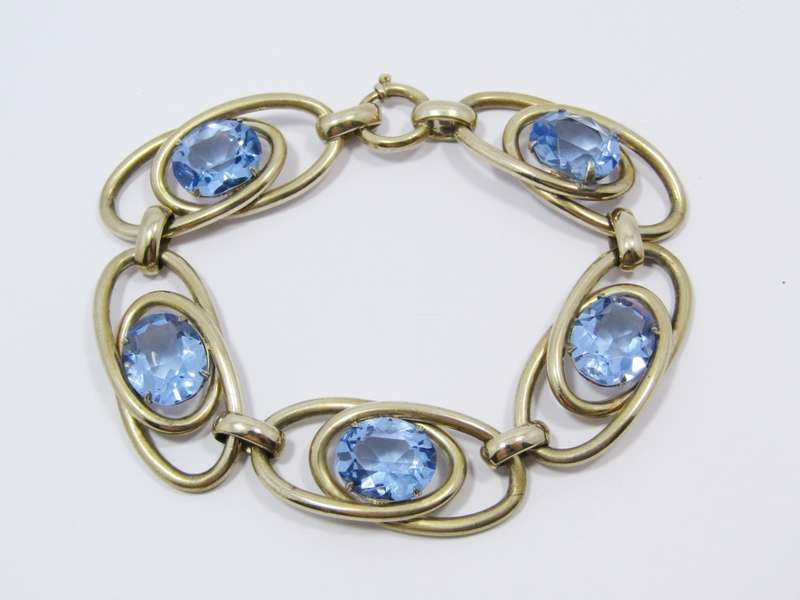 Gorgeous Rolled Gold Vintage Design Bracelet With Blue Paste Stones