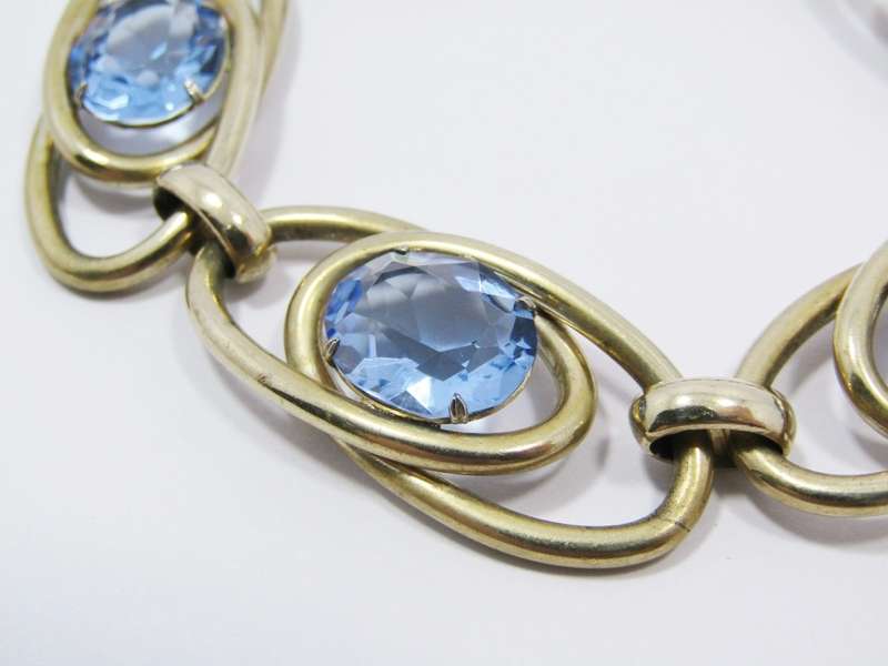 Gorgeous Rolled Gold Vintage Design Bracelet With Blue Paste Stones