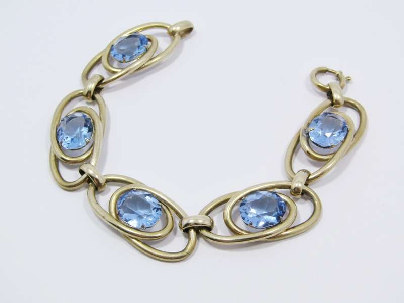 Gorgeous Rolled Gold Vintage Design Bracelet With Blue Paste Stones