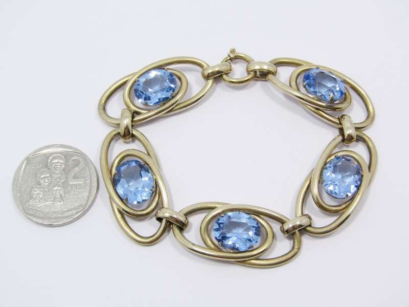 Gorgeous Rolled Gold Vintage Design Bracelet With Blue Paste Stones