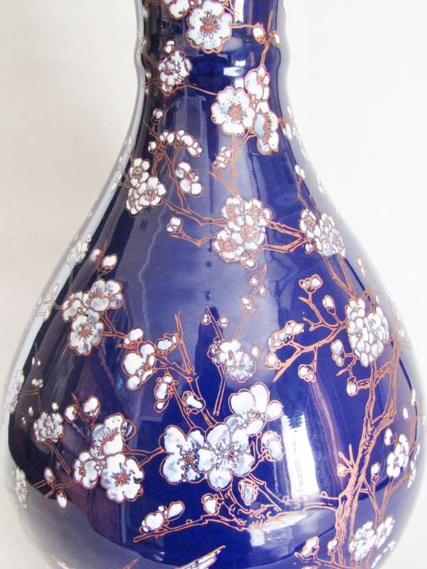 Two Gorgeous Chinese Dark Blue Chinese Porcelain Vases With White Blossoms