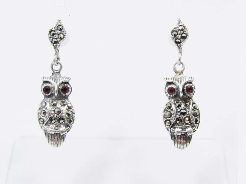 A Lovely Pair of Owl Marcasite Dangling  Earrings in Sterling Silver.