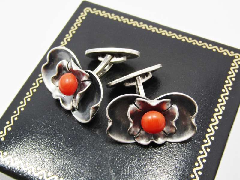 Vintage Pair of Silver & Coral Cufflinks