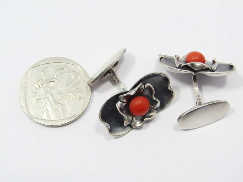 Vintage Pair of Silver & Coral Cufflinks