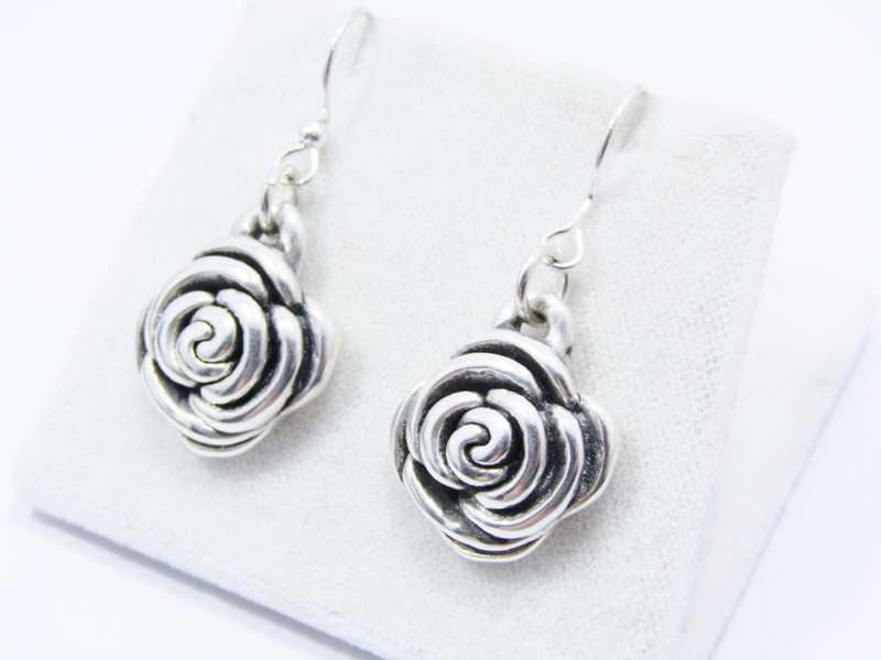 A Lovely Pair of Puffy Rose Design Dangling Earrings in Sterling Silver