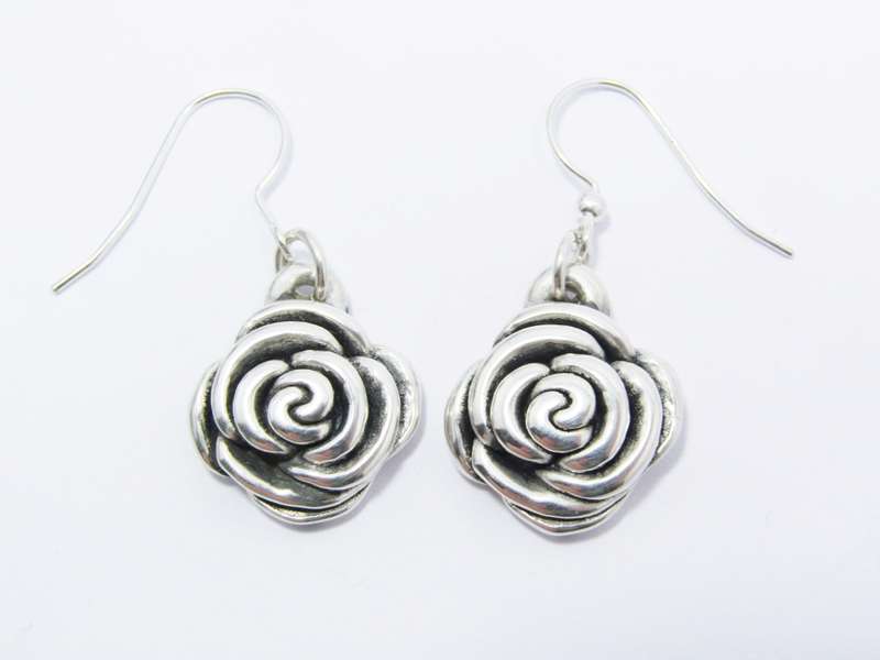 A Lovely Pair of Puffy Rose Design Dangling Earrings in Sterling Silver