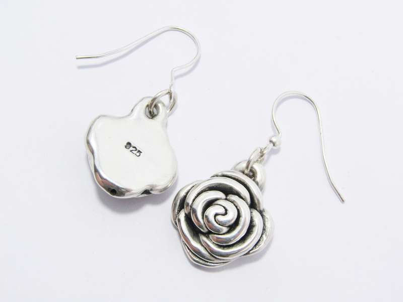 A Lovely Pair of Puffy Rose Design Dangling Earrings in Sterling Silver