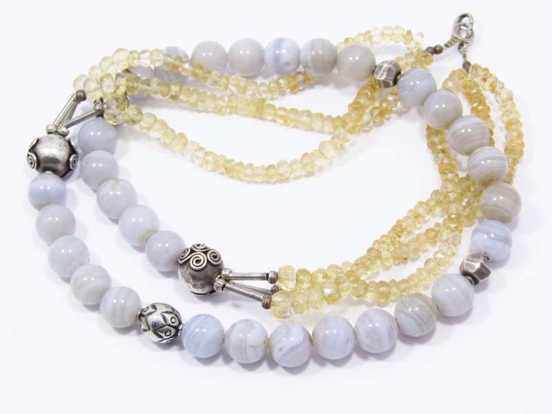 A Stunning Handmade Citrine and Agate Long Necklace With Sterling Silver Spacers and Clasp