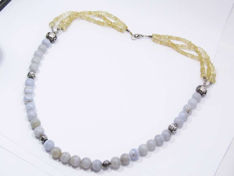 A Stunning Handmade Citrine and Agate Long Necklace With Sterling Silver Spacers and Clasp