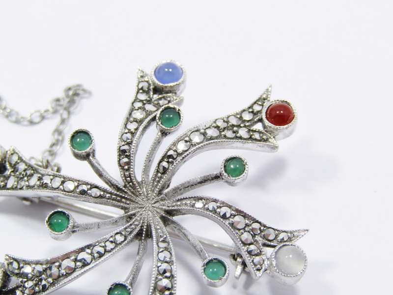 A Beautiful Multi Color Stone Brooch With Marcasite's in Sterling Silver.
