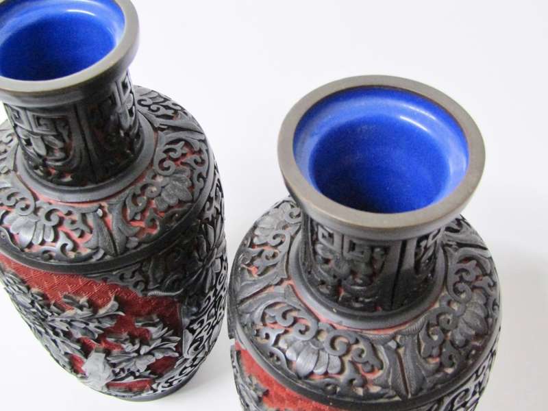 Beautiful Pair of Oriental Cinnabar Style Vases