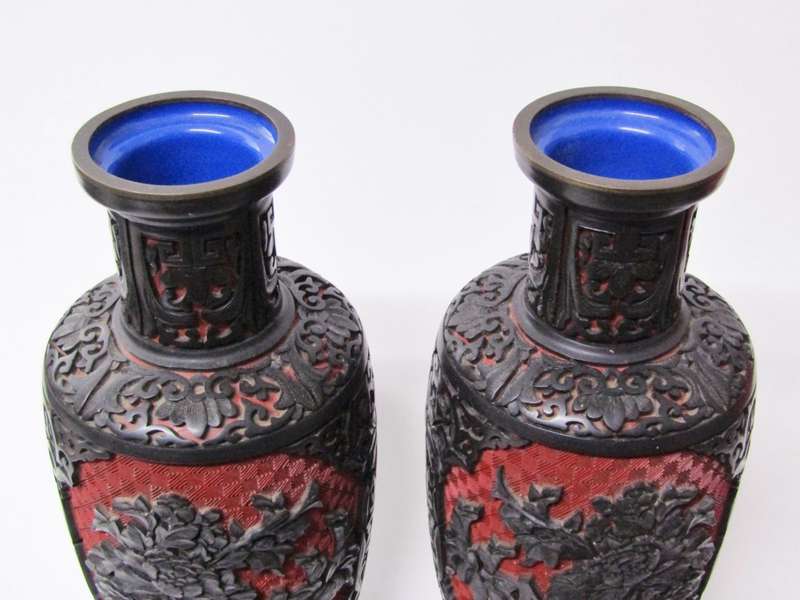 Beautiful Pair of Oriental Cinnabar Style Vases