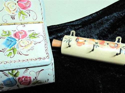 Hand-painted Wooden Salt Box and Key Hanger Combo