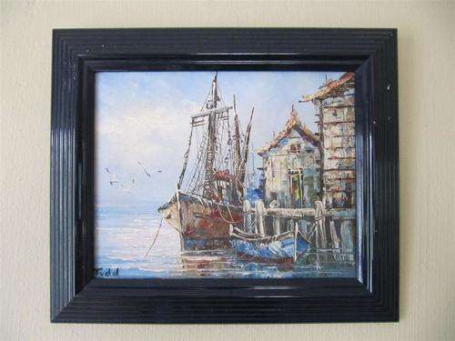 Original Oil Painting of a docked Ship, signed by artist