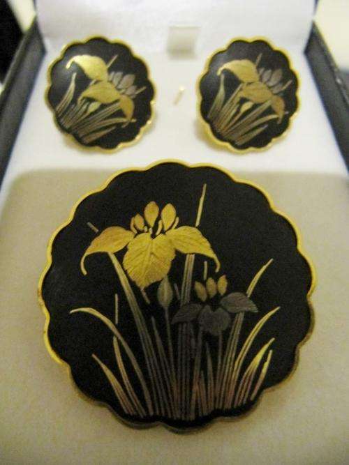 Vintage Damascene Brooch / Pendant and Earrings Set