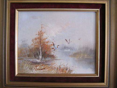 Original Oil Painting: Ducks and River Lanscape, signed by Artist