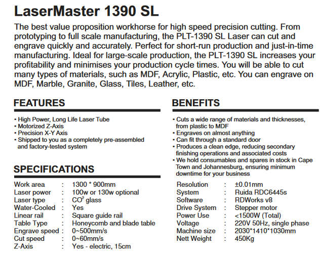 Co2 Laser Cutter/Engraver 1390 SL