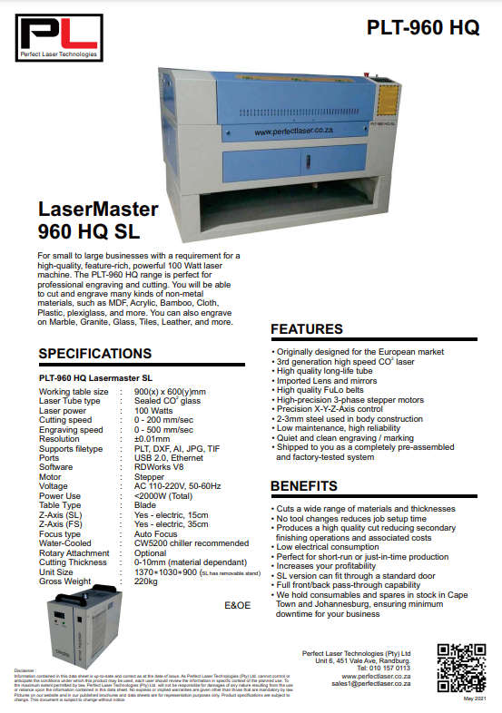 Co2 Laser Cutter/Engraver 960 HQ SL 100W