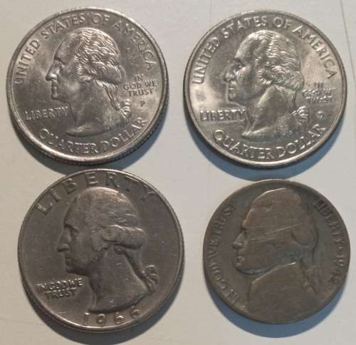 4x USA coins 3x Quarters 2008, 2009, 1966 & 1x Nickel 1942 (silver P mintage mark)