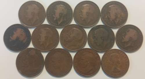 13x UK Pennies - 1912x2, 1913, 1917x2, 1918x5, 1929, 1948, 1964