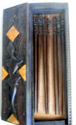 Vintage Vietnamese Hand Carved Hardwood Chopstick Set & Hand Carved Storage Box