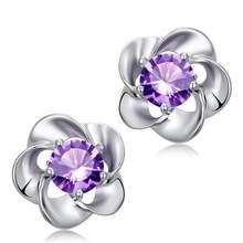 SILVER PLATED PURPLE CRYSTAL FLOWER SHAPE EAR STUDS SMALL