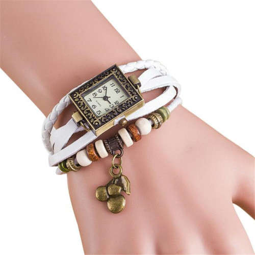 QUARTZ WEAVE  AROUND FAUX LEATHER CHERRY WATCH WHITE