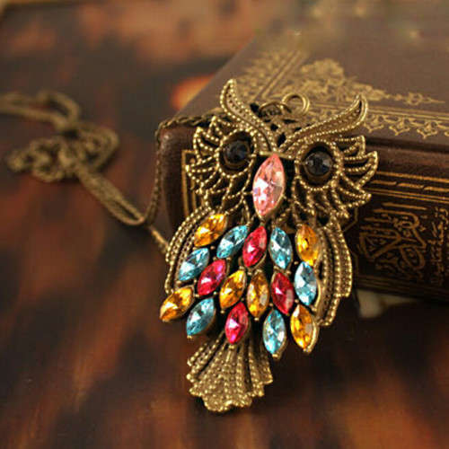 RETRO VINTAGE COLORFUL RHINESTONE OWL LONG CHAIN NECKLACE