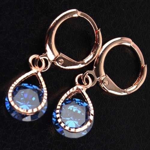 Romantic Rose Gold Plated Blue CZ Stone Pierced Dangle Drop Earrings