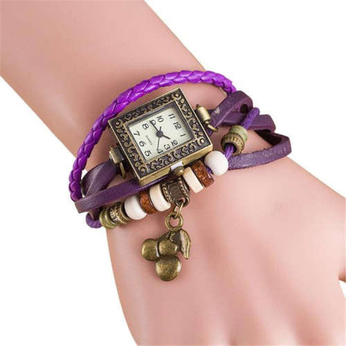 Quartz Weave Around Faux Leather Cherry Bracelet Lady Wrist Watch