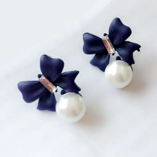 BOW STUD FOR WOMAN WITH SIMULATED PEARL & CRYSTALS - BLUE