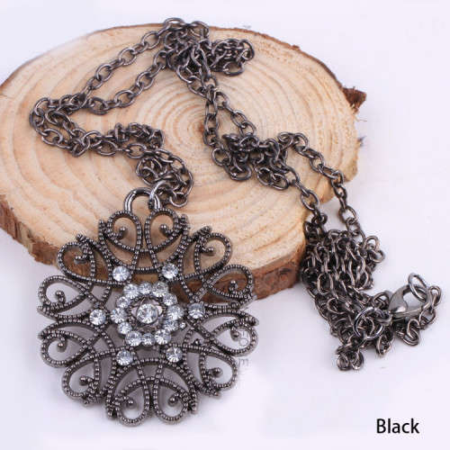 KOREAN RETRO FASHION BLACK SILVER PLATED CRYSTAL FLOWER LONG NECKLACE